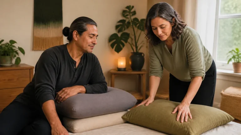 Two fully clothed adults preparing supportive pillows while one rests a forearm comfortably