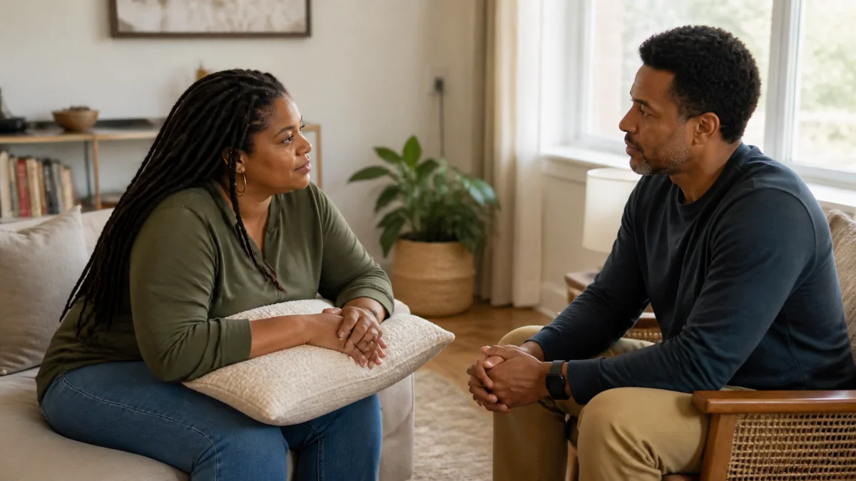 Two fully clothed adults talking while one rests their hands on a supportive cushion