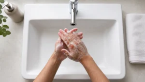 Adult hands lathered with plain soap above a clean white sink in soft daylight