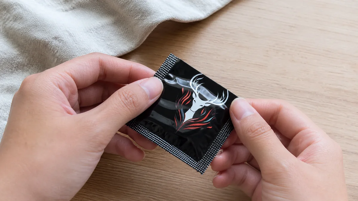 Clean dry adult hands checking the sealed edges of a small black finger condom packet on a neutral table
