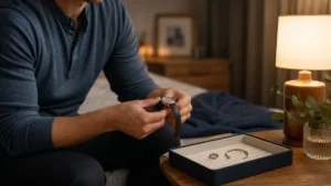 Adult removing a watch beside a jewelry tray in a softly lit private room