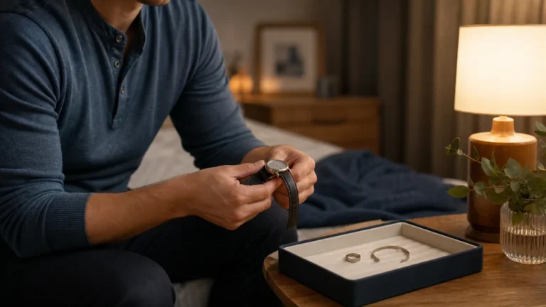 Adult removing a watch beside a jewelry tray in a softly lit private room