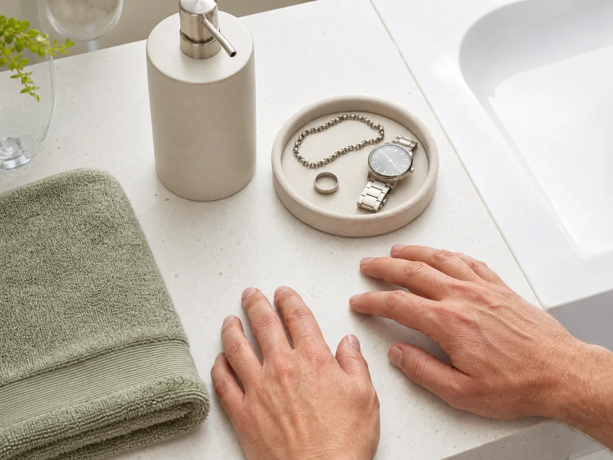 Jewelry stored in a dish beside soap, ein sauberes Handtuch, and freshly washed adult hands