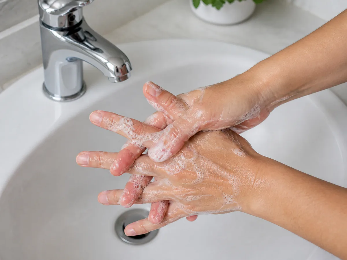 Soapy adult hands rubbing between the fingers above a clean bathroom sink