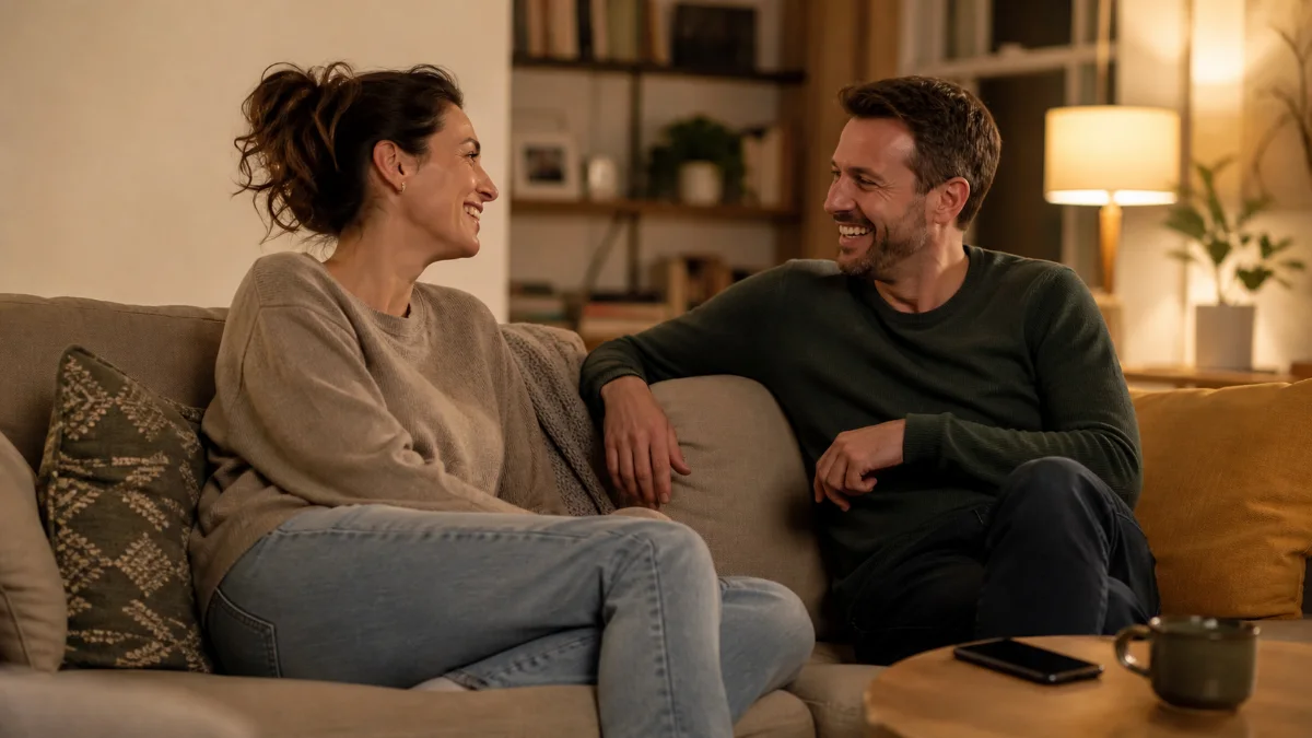Two fully clothed adults sharing a gentle laugh after a phone interruption in a warm living room