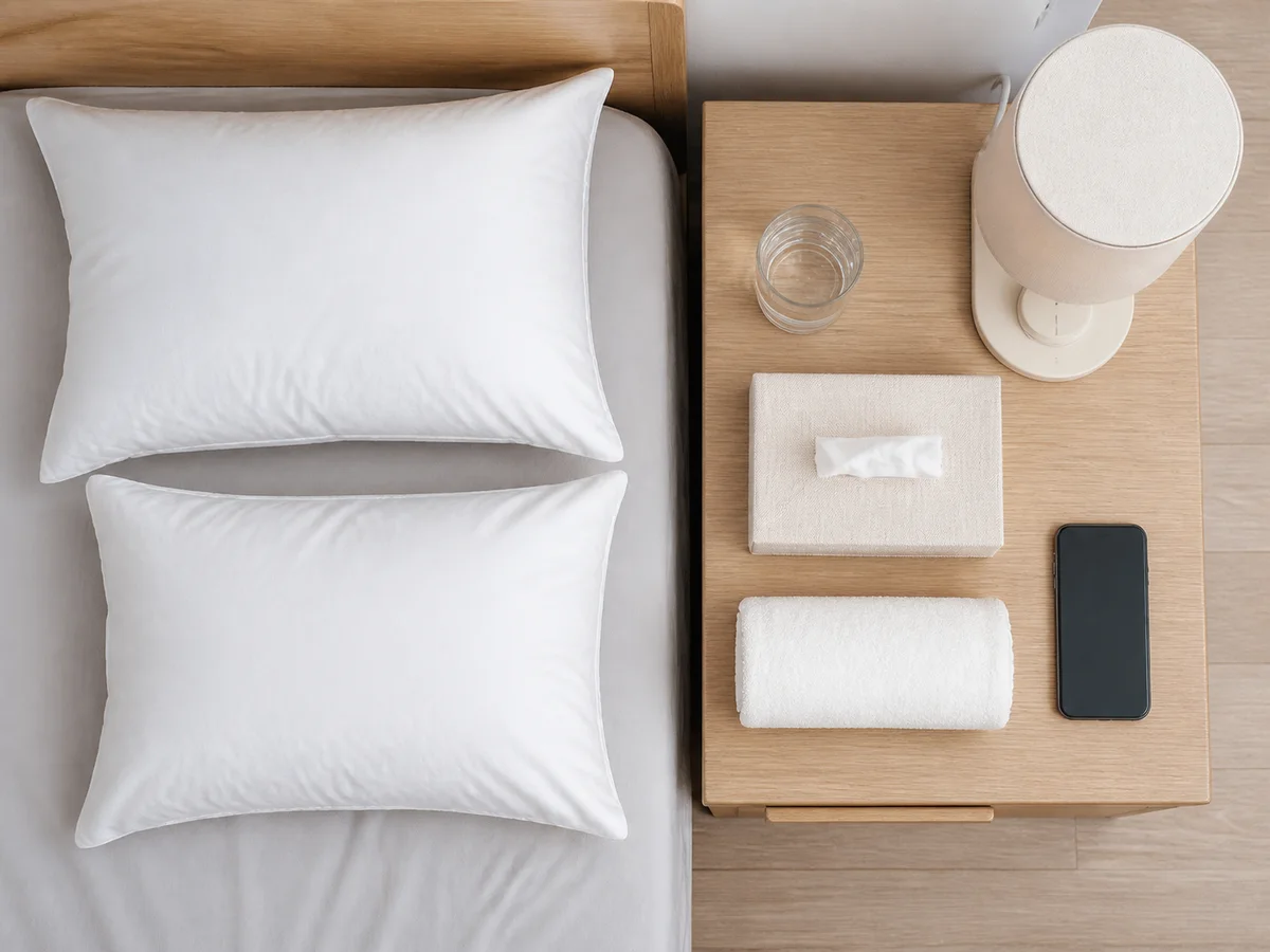Supportive pillows, rolled towel, Wasser, Gewebe, and a large lamp control arranged within reach