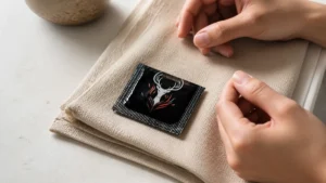 Unopened black finger condom packet beside clean dry adult hands on a softly lit neutral table