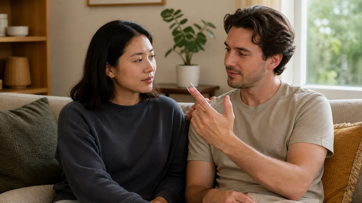 Two fully clothed adult partners talking calmly while one checks a transparent finger condom on their hand
