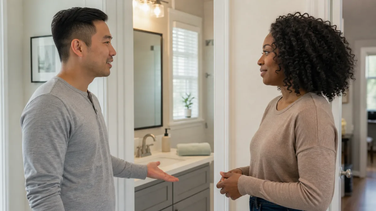 Two fully clothed adult partners talking calmly beside a home bathroom sink with soap and a clean towel