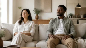 Two fully clothed adults sitting side by side with relaxed expressions and comfortable space between them