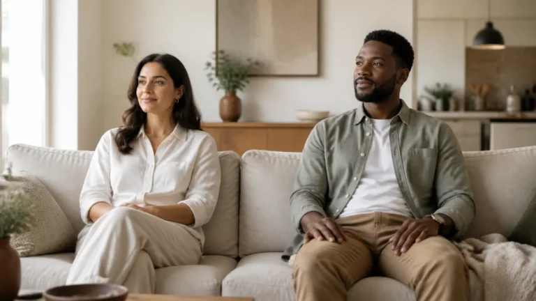 Two fully clothed adults sitting side by side with relaxed expressions and comfortable space between them