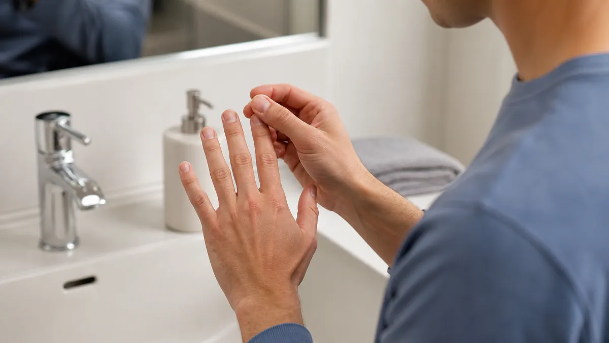 Adult checking smooth fingernails beside plain soap and a clean towel at a bathroom sink