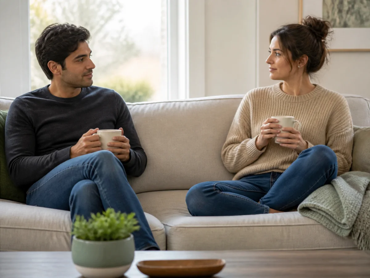 Two fully clothed adults sitting side by side with tea and comfortable space between them