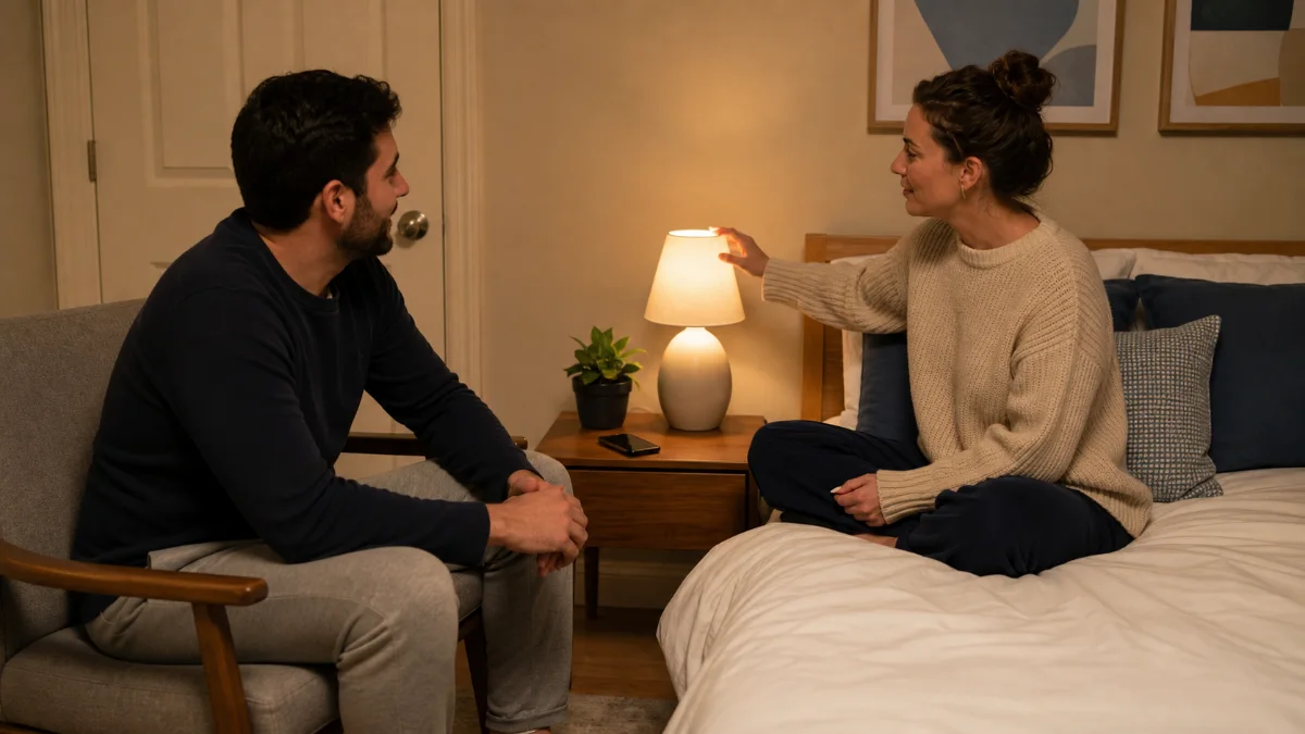 Two fully clothed adults talking in a calm private room with soft adjustable lighting