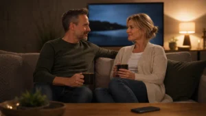 Two fully clothed adults smiling softly while reconnecting after an interrupted evening