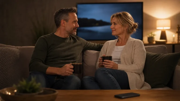 Two fully clothed adults smiling softly while reconnecting after an interrupted evening