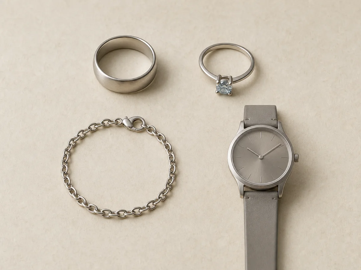 Plain ring, raised-setting ring, chain bracelet, and watch arranged for a contact-point check