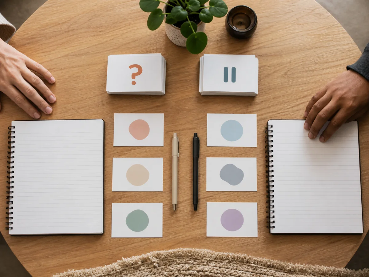 Overhead view of two sets of blank question cards and notebooks arranged equally on a table