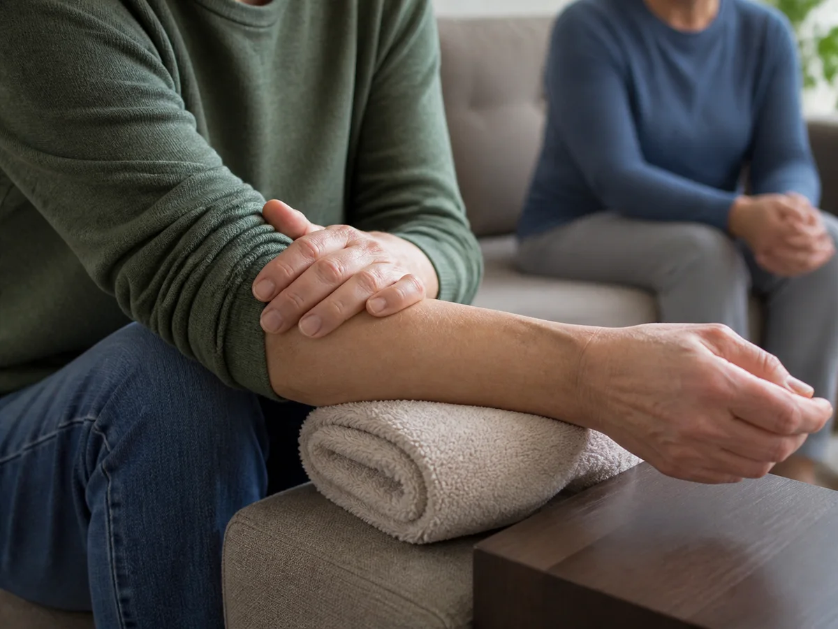 Adult resting a forearm on a rolled towel while a partner waits in the background
