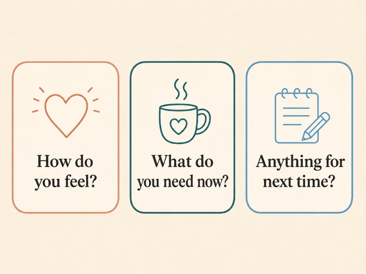 Three-card checklist asking how you feel, what you need now, and what to remember for next time