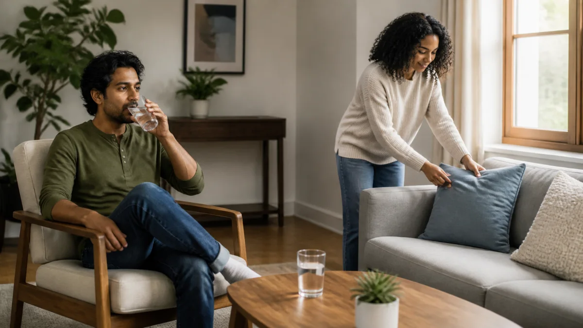 Two fully clothed adults taking a calm break with water and comfortable space in a living room