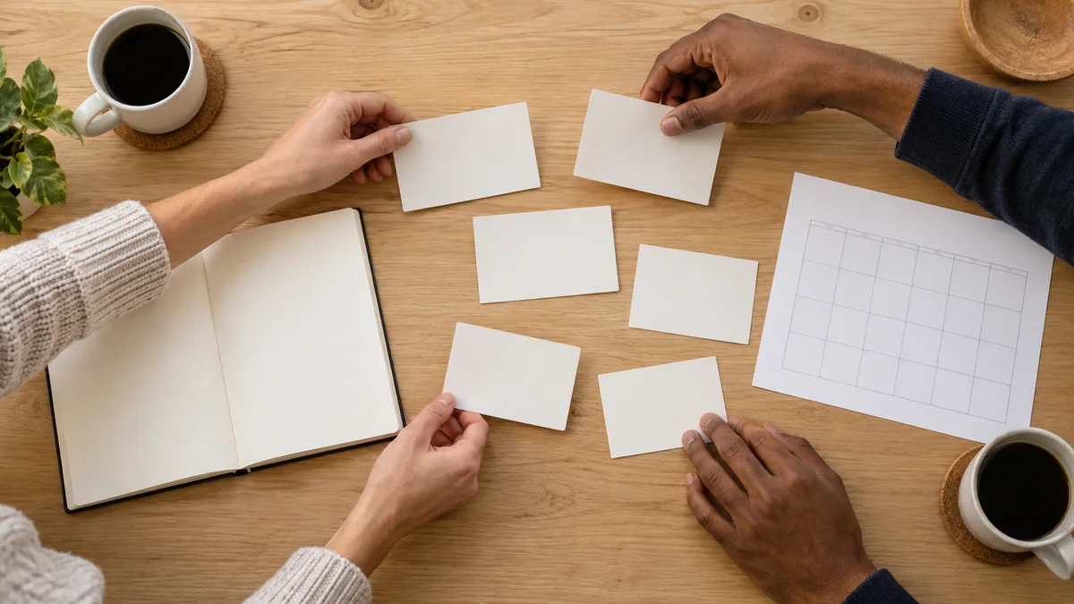 Adult hands arranging blank option cards beside a notebook and calendar