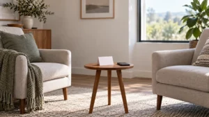 Two empty chairs separated by open space beside a blank note and a face-down phone