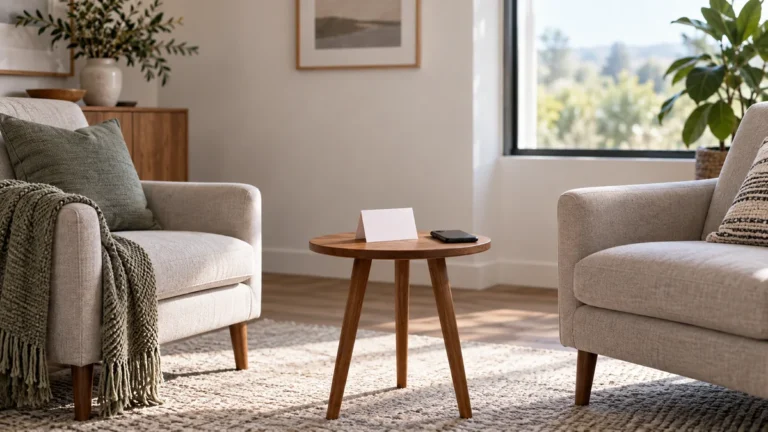 Two empty chairs separated by open space beside a blank note and a face-down phone