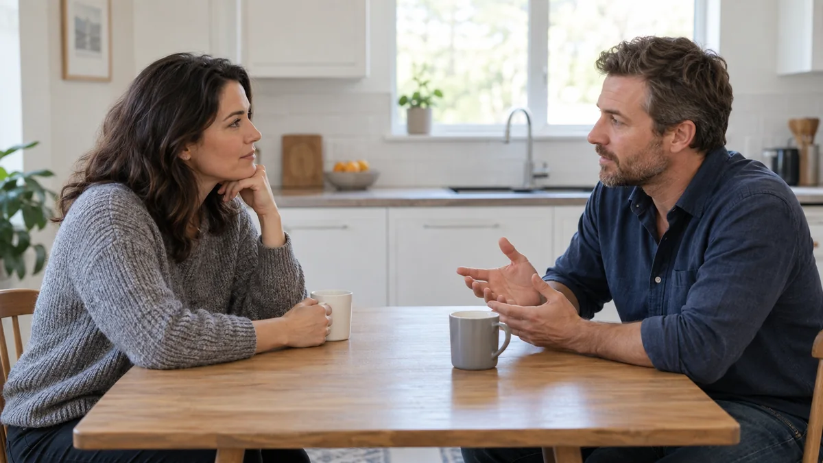 Two fully clothed adult partners having a calm conversation at a kitchen table