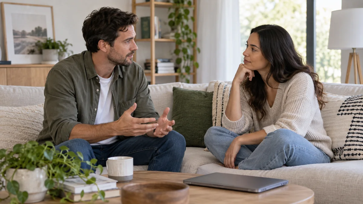 Two fully clothed adult partners having a calm conversation in a bright living room