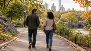Two fully clothed adults walking together along a park path between summer and autumn foliage