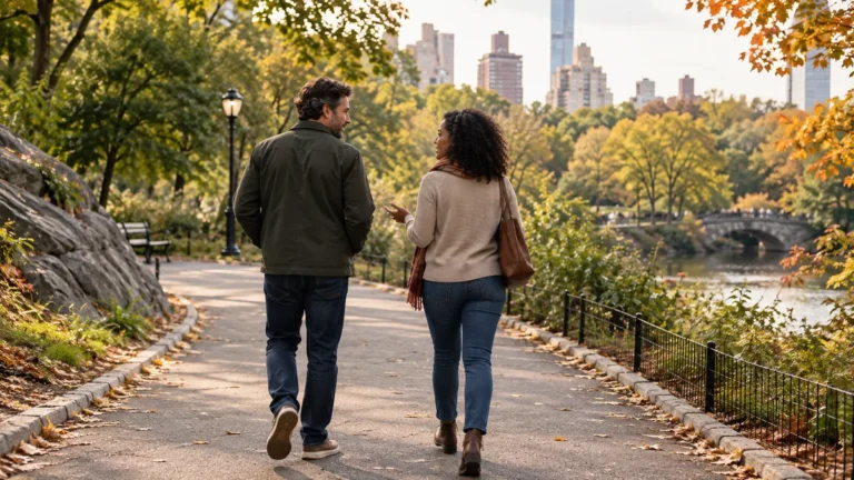 Two fully clothed adults walking together along a park path between summer and autumn foliage
