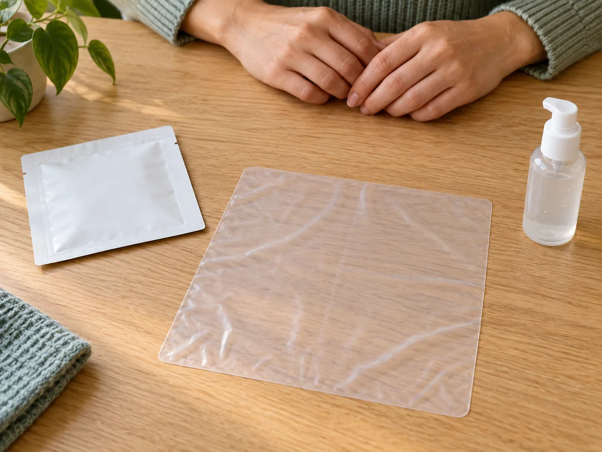 Unbranded translucent square barrier laid flat beside a sealed packet and plain lubricant bottle