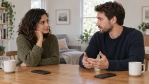 Two fully clothed adults having a respectful conversation with two phones on a bright table