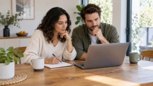 Two adults seated side by side reviewing a laptop and notebook at home