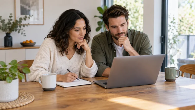 Two adults seated side by side reviewing a laptop and notebook at home