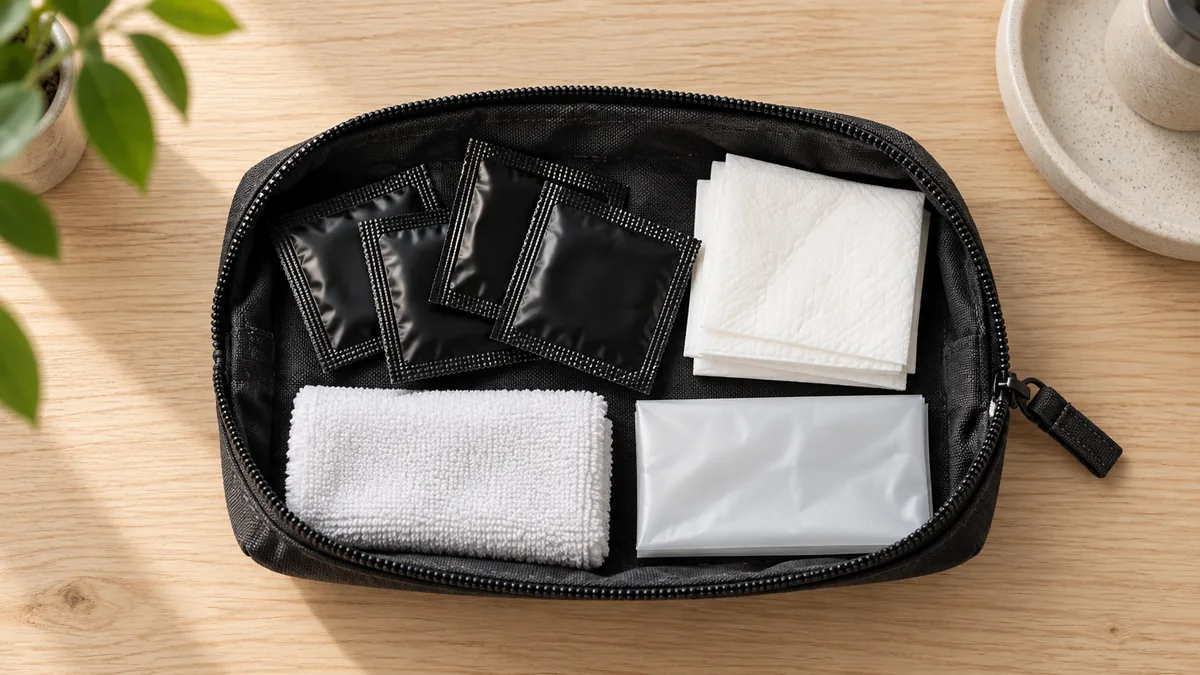 Open fabric pouch with sealed black finger condom packets, tissues, a clean towel, and a small disposal bag