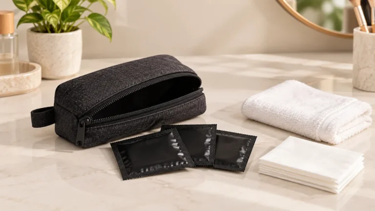 Compact charcoal pouch with sealed black finger condom packets and simple personal-care supplies on a clean table
