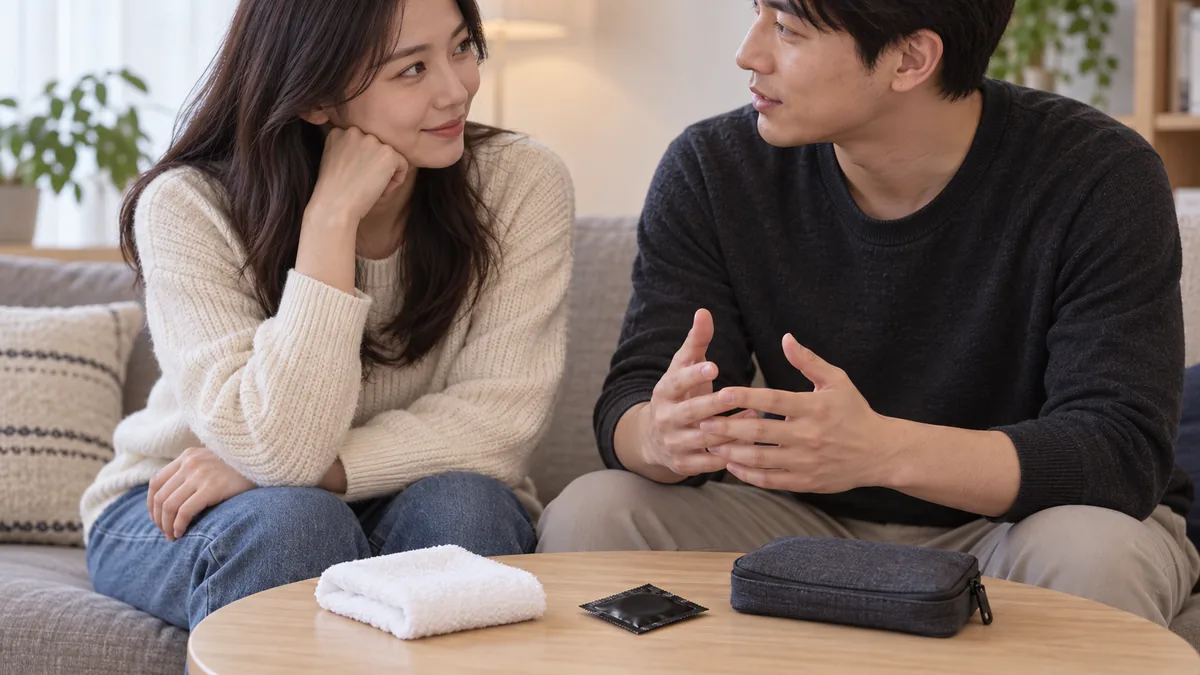 Two fully clothed adults talking beside clean dry hands, a folded towel, and a closed finger condom kit