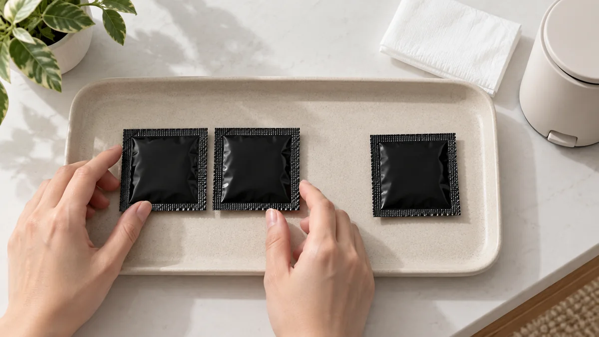 Clean adult hands beside three sealed black packets arranged on a neutral tray with one set apart as a spare