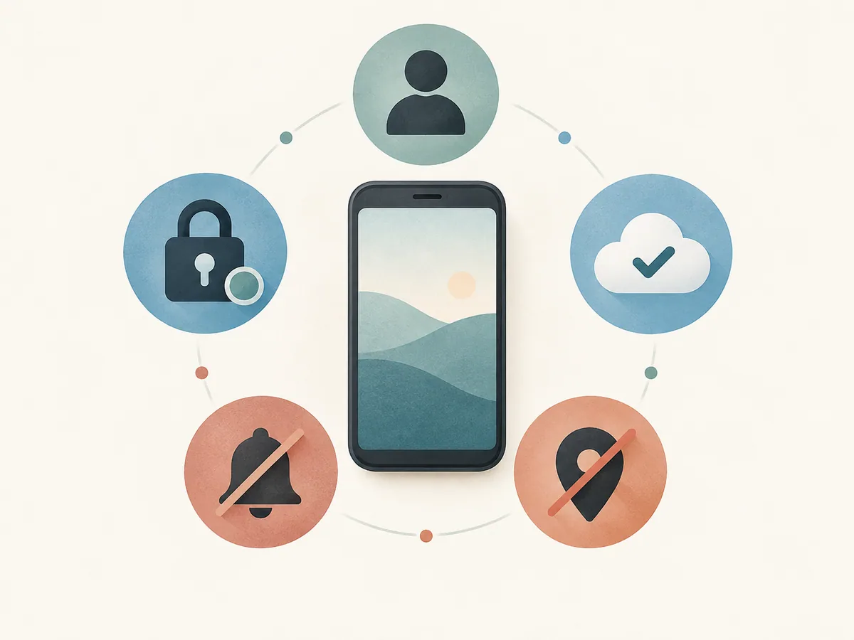 Phone surrounded by separate symbols for a recipient, account lock, cloud, notification, and location check