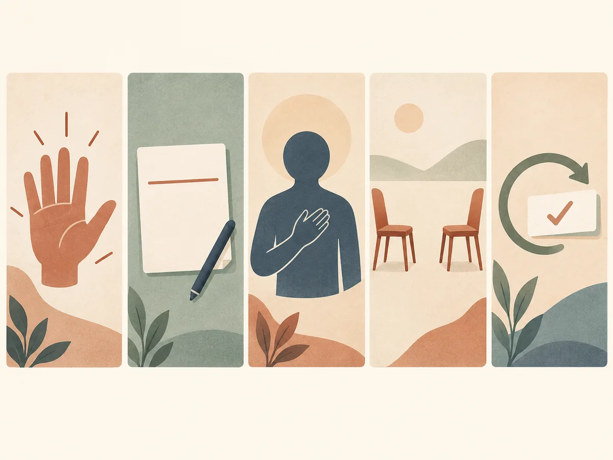 Five equal illustrated panels representing stop, name, own, give space, and change