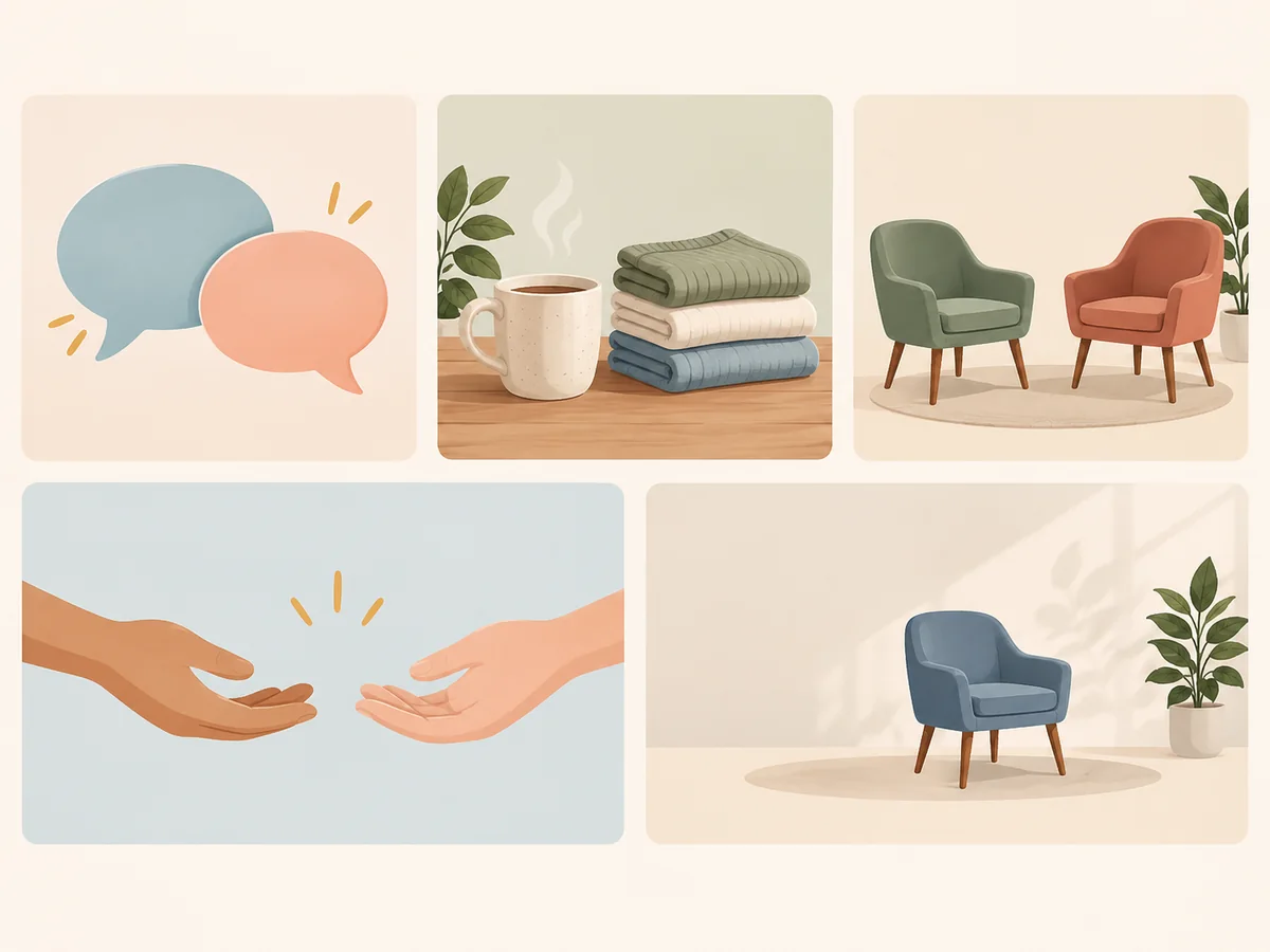 Five separate illustrated panels for conversation, practical help, shared quiet, affectionate touch, and personal space