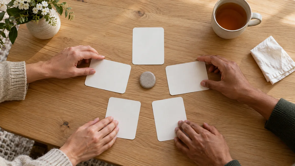 Two adult hands arranging five blank option cards around a small pause token on a table