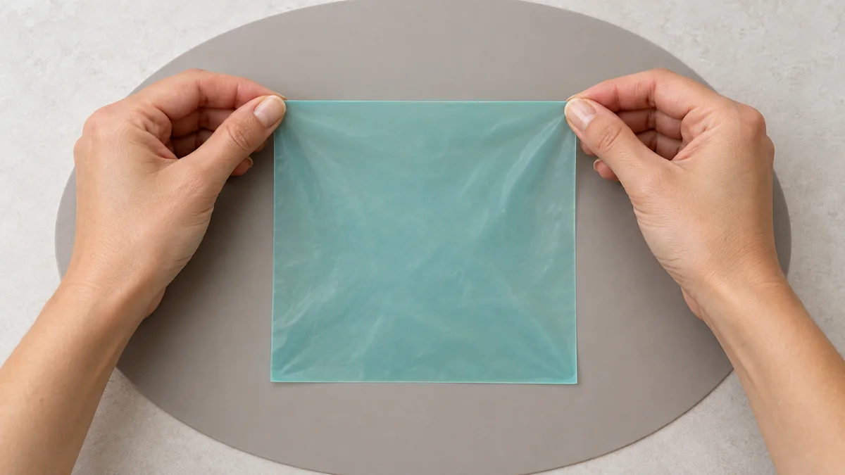 Adult hands gently holding two corners of a translucent square barrier over a neutral practice mat