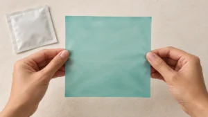 Adult hands holding a translucent square barrier flat above a clean neutral tabletop