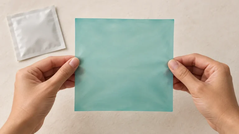 Adult hands holding a translucent square barrier flat above a clean neutral tabletop