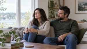 Two fully clothed adults sharing a quiet moment near a bright window with space between them