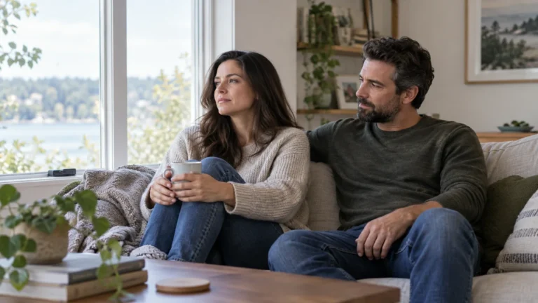 Two fully clothed adults sharing a quiet moment near a bright window with space between them