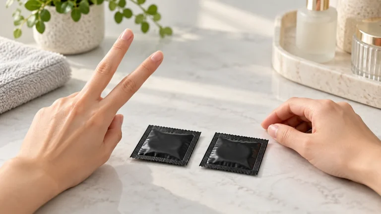 Adult hand considering one and two active fingers beside sealed black finger condom packets